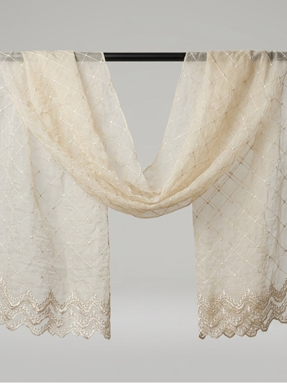 Vintage Embroidered Sheer Window Curtain Scarf Cream/Beige Size 216”x”49”